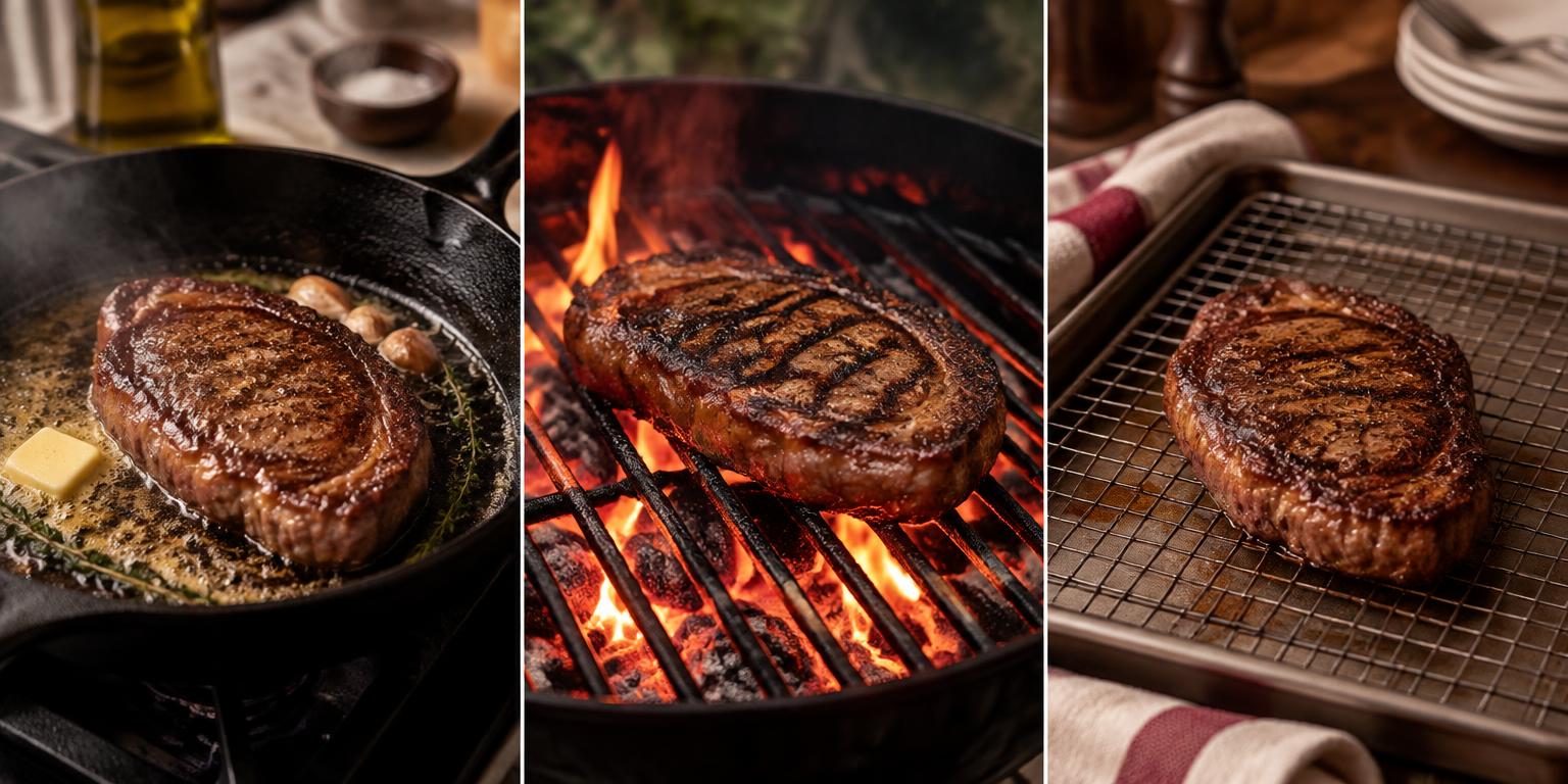 Three steak cooking methods: cast iron searing, charcoal grilling, and resting on a rack