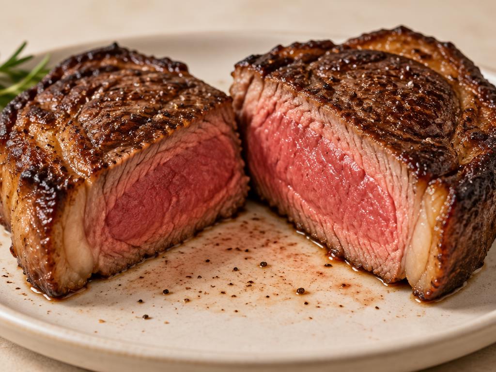 Cross-section of a steak cooked medium rare: warm pink-red across most of the centre