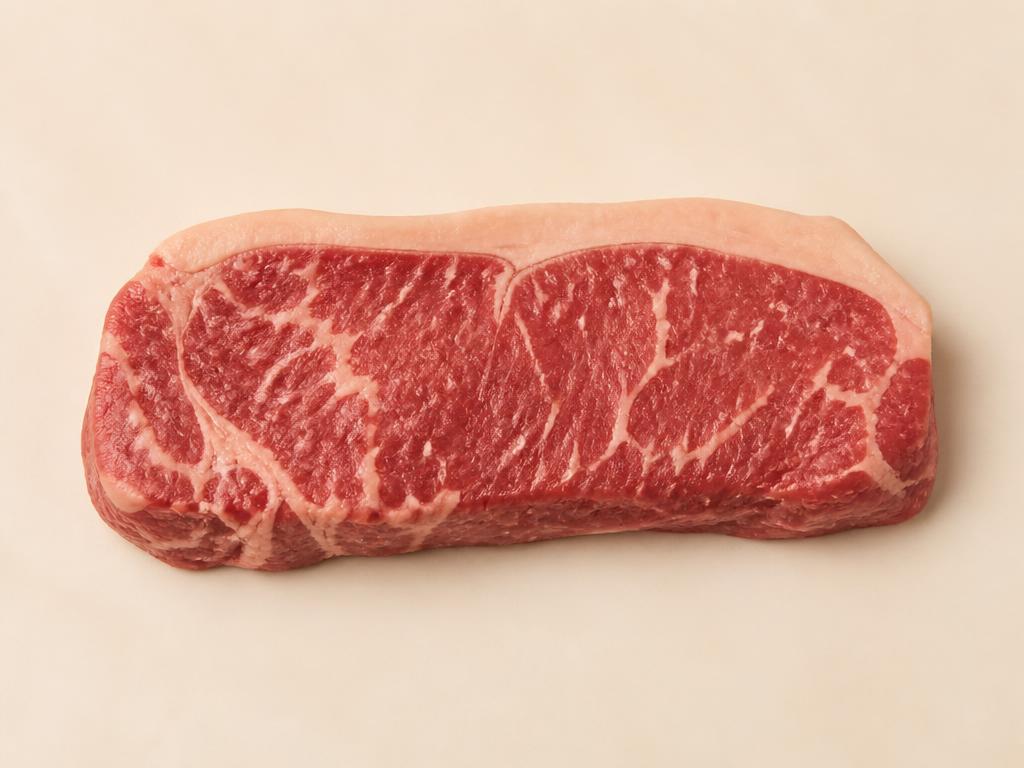 New York Strip steak, raw, seen from above