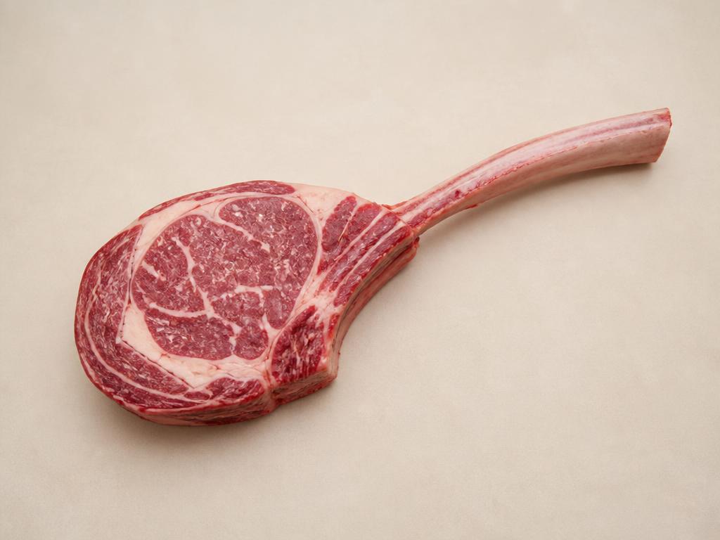 Tomahawk steak, raw, seen from above